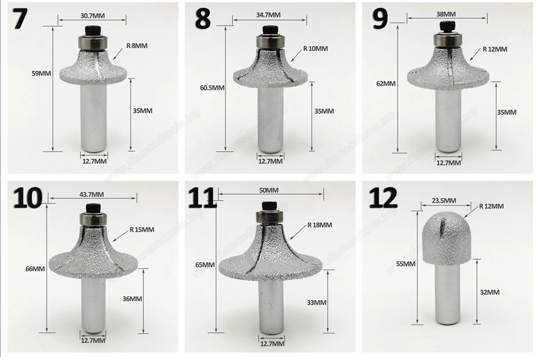 Vacuum Brazed Diamond Router Bits for Granite Marble Router Cutter with 1/2" Shank Profiling Cutting Stone Edge