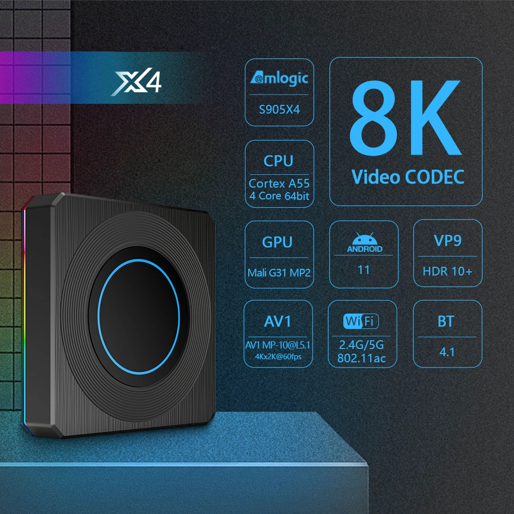 TV Box with Amlogic Chip S905X4 Quad Core 8K Android 11 Dual WiFi
