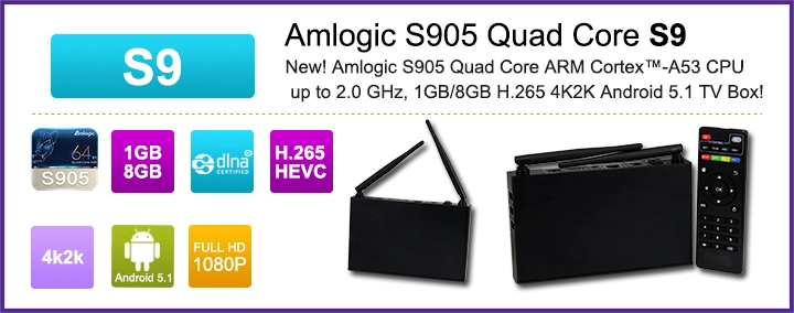 Android 5.1 Quad Core Cortex A53 Amlogic S905 Lollipop TV Box S9 Smart TV Box