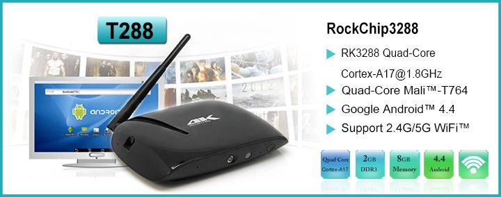 Quad Core Tv Box RK3288 1.8GHz Cortex-A17 With external antenna T288