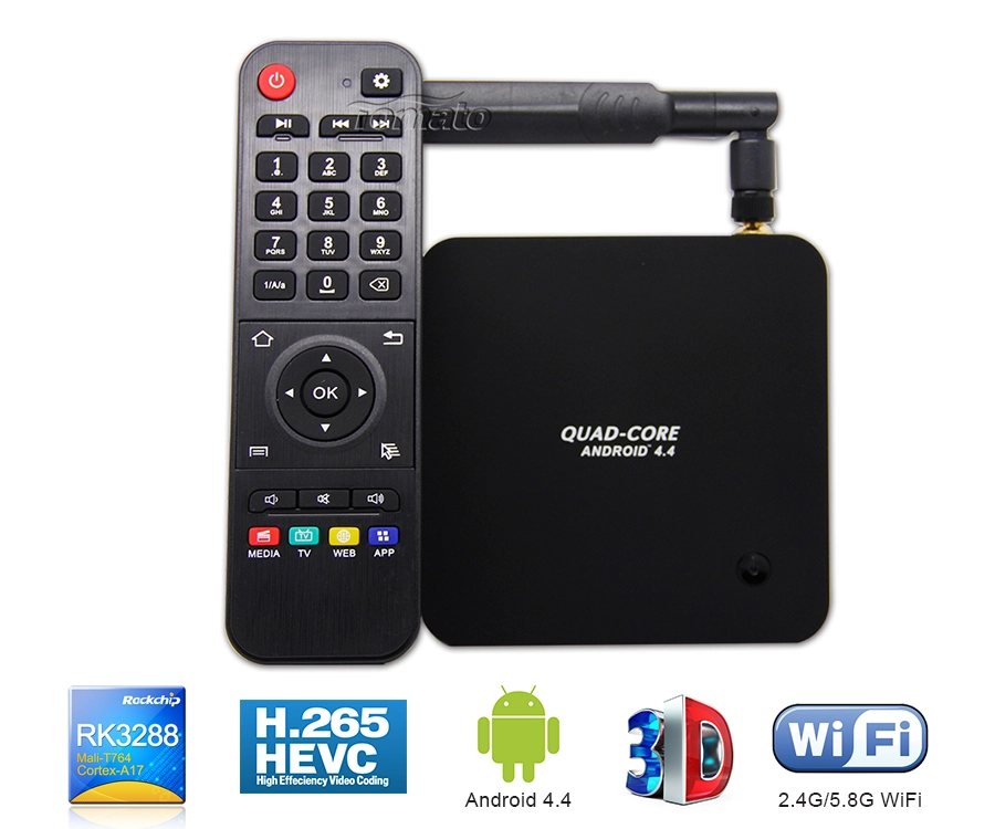 เครื่องเล่นสื่อ 4K Rockchip 3288 quad-core Android 4.4 TV Box