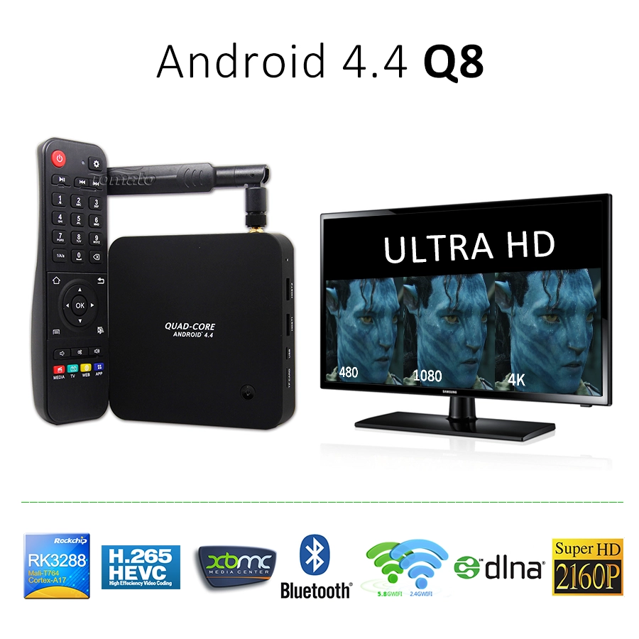 Caixa de TV Quad Core 4K2K WiFi 5,8 GHz Bluetooth 4.0 Q8