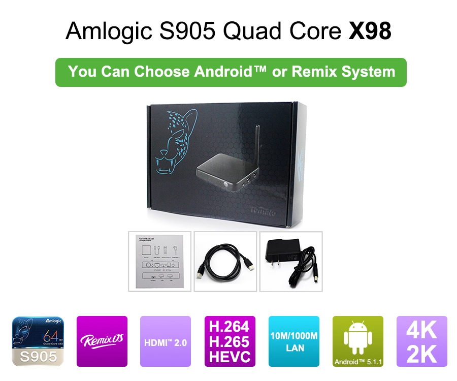 S905 TV -Box Support Remix und Android 5.1.1 mit 2G DDR3 und 32G Blitz