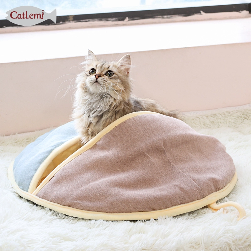China Designer Moon Fan Cozy Cat Cave Ombre Color Linen Nature Cat Sleeping Bed for Winter manufacturer