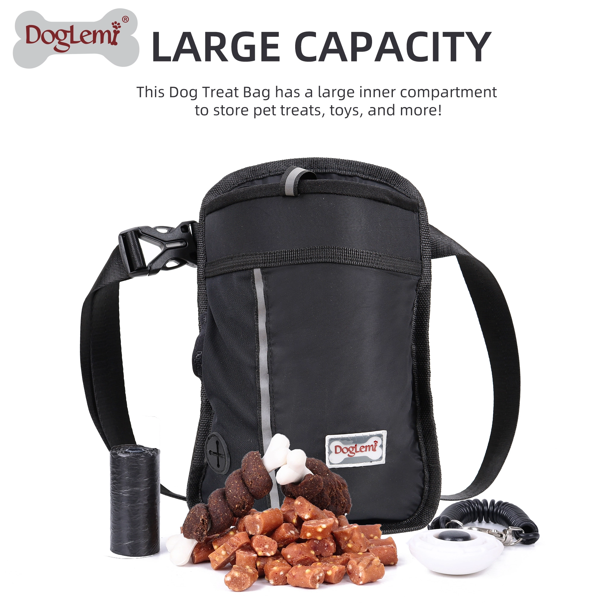 Doglemi Dog Trate Formar Bolsa de entrenamiento con cintura ajustable y soporte del dispensador de la bolsa de caca, lleva fácilmente la bolsa de asas