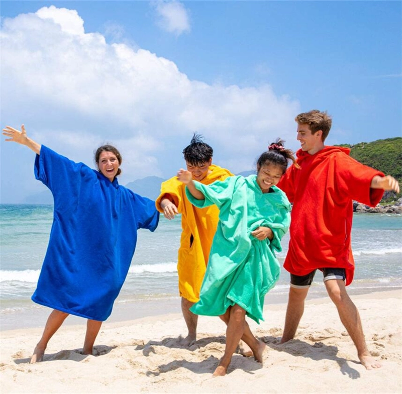 Custom Logo Design Thick Absorbent Beach Poncho Changing Robe Towel with Hood Flannel Microfiber