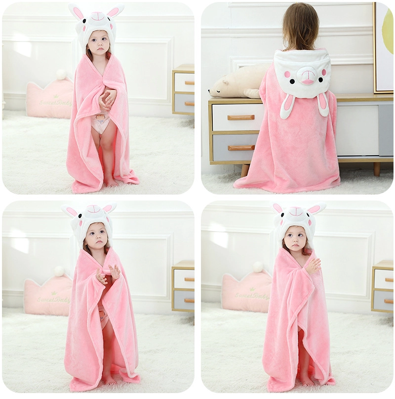 Fashion Design Flannel Kids Cartoon Animal Embroidered Baby Blanket Animal Hooded Towel