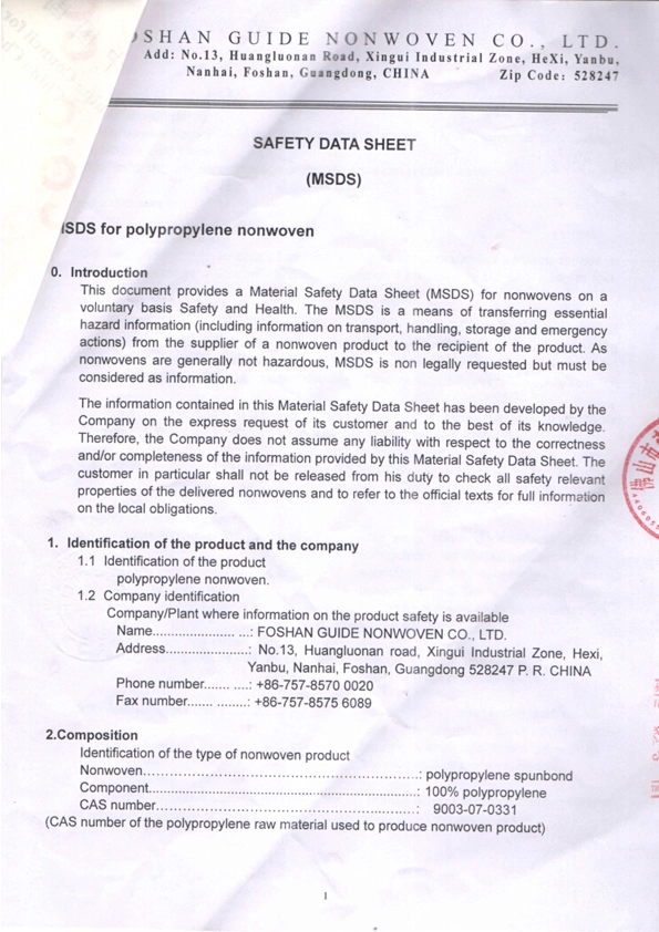 MSDS for polypropylene nonwoven - 2