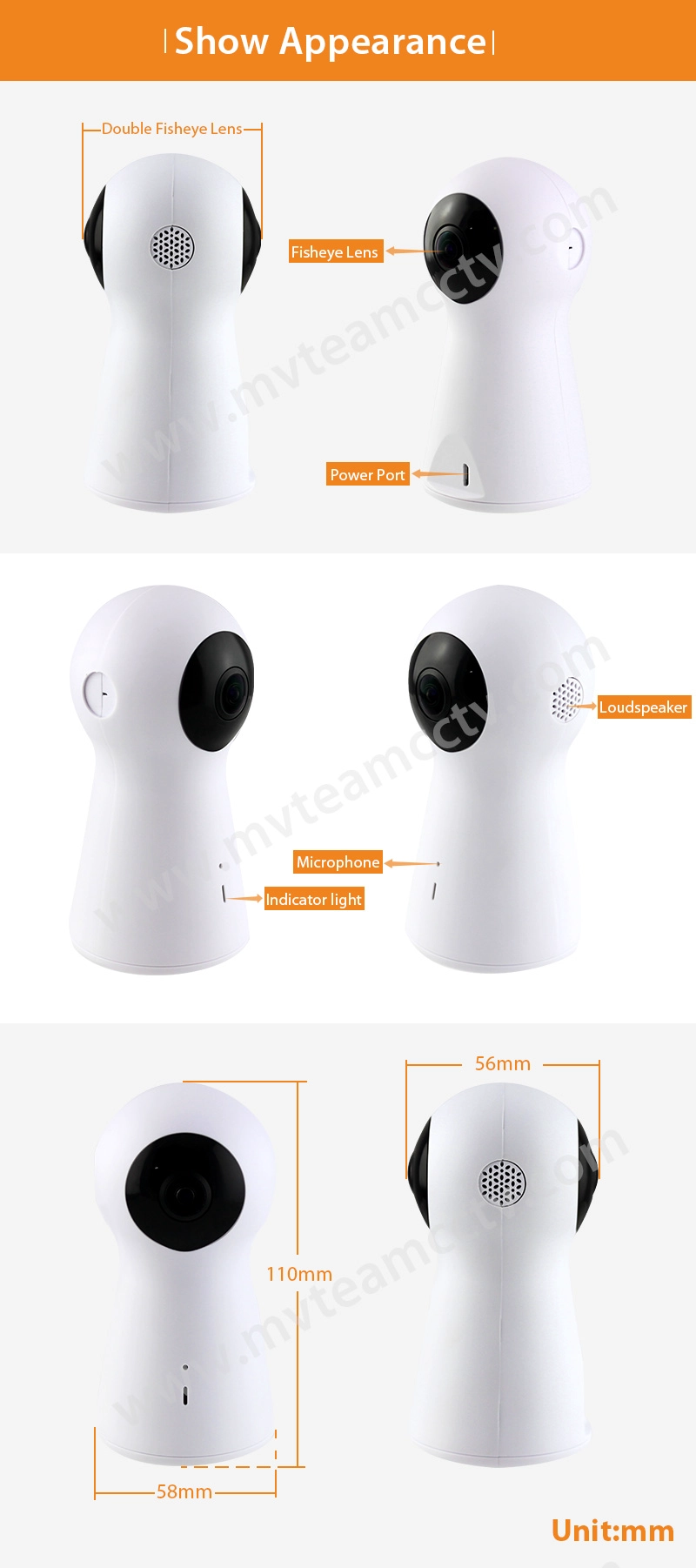 H.264 1080P 2MP WiFi 720 Degrees Panorama VR Camera with 2pcs Fisheye Lens