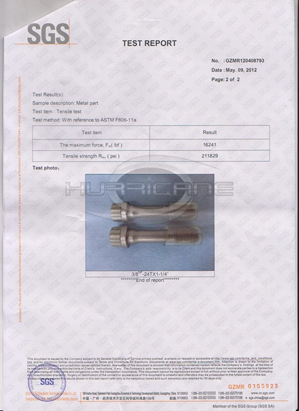 SGS Hurricane rod bolt certification