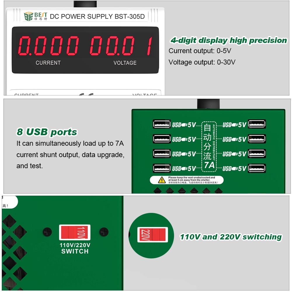 BEST 305D Новый 30V 5A AC DC Регулируемое питание светодиодного питания с USB-портами Инструменты для ремонта мобильных телефонов