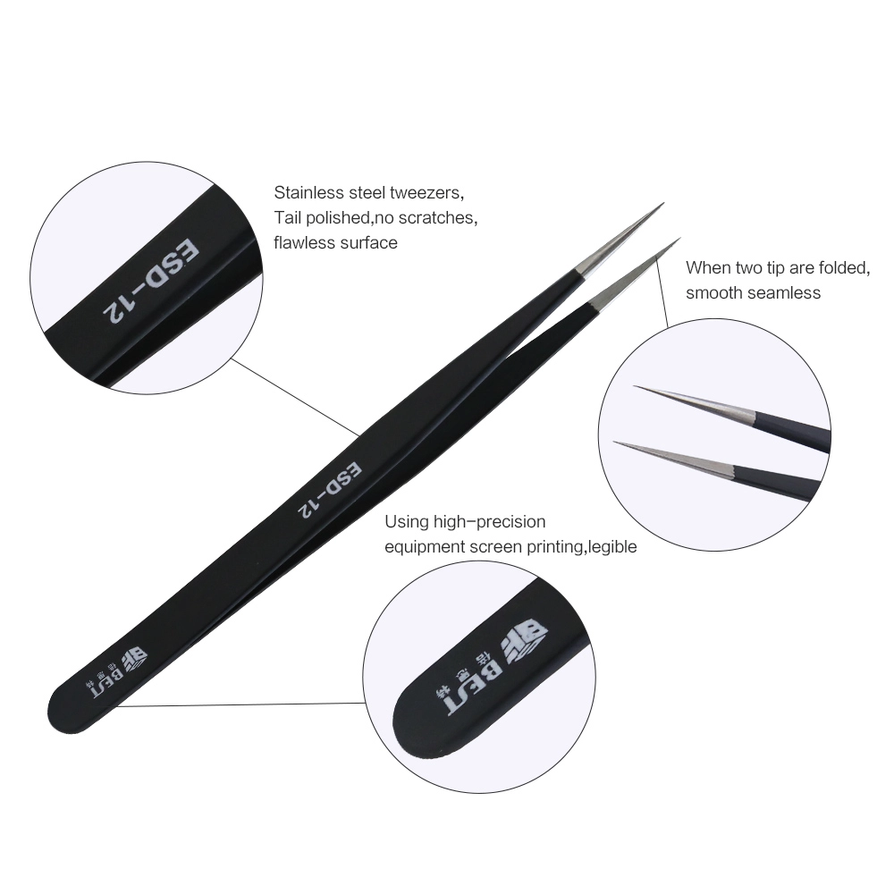 BST-12ESD Anti-static ESD Tweezers Kit Non-magnetic High Hradness Stainless Steel ESD Tweezers