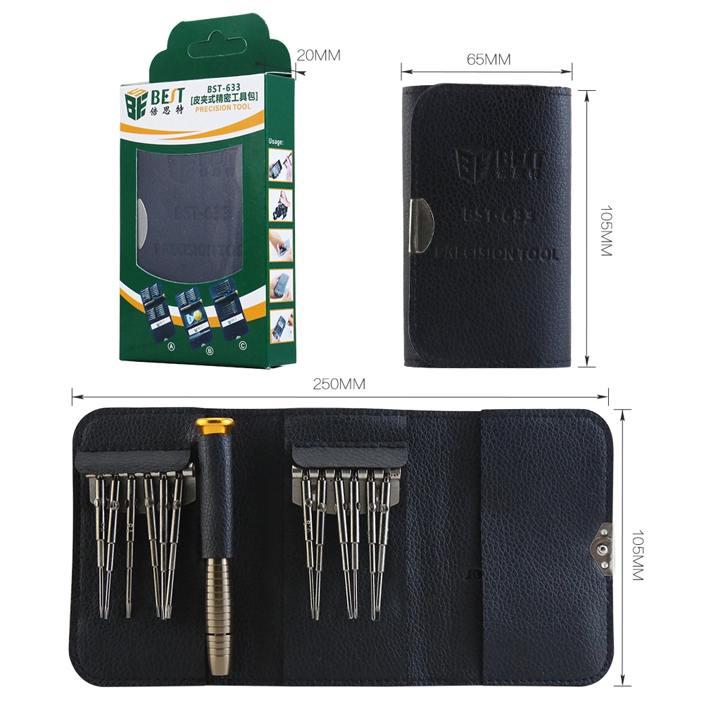 Ferramentas de reparo de telefone multifuncional BST-663C Conjunto de parafusos de precisão com chave de fenda com estojo de couro