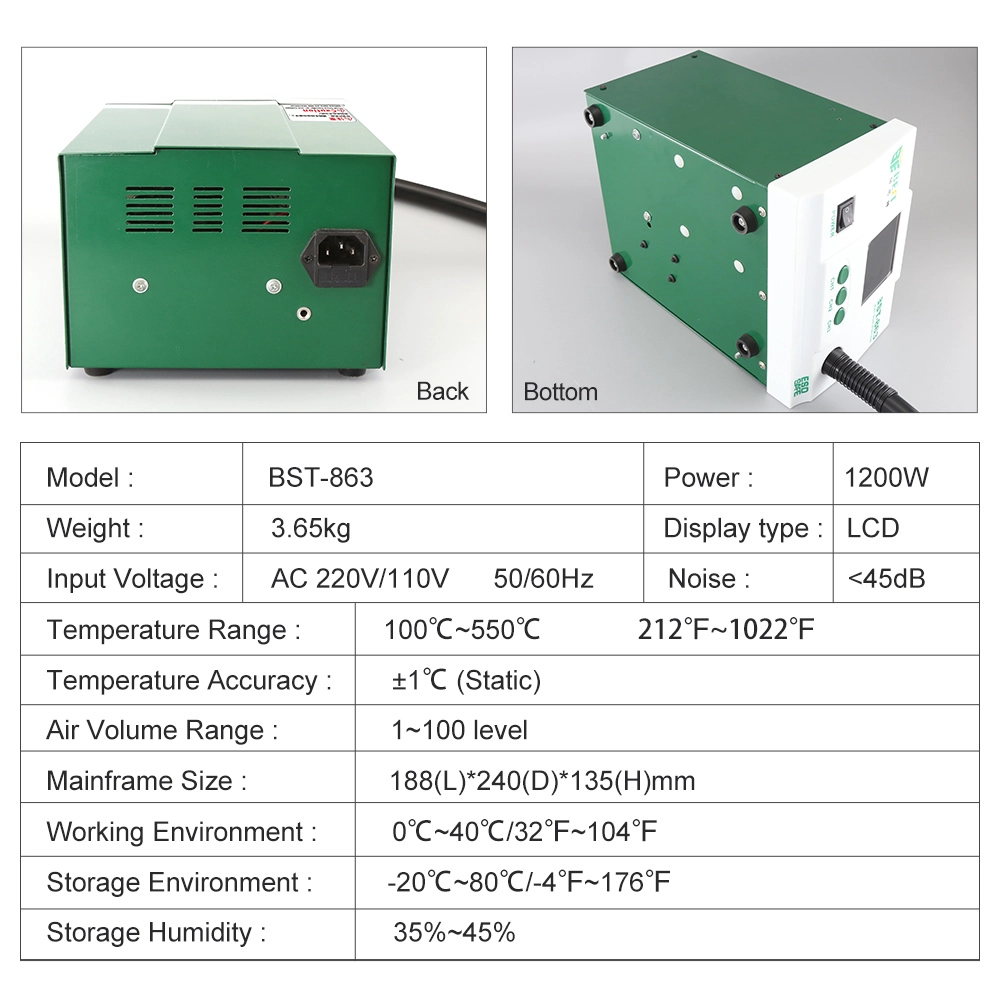 고전력 1200W 뜨거운 공기 재작업 스테이션 중국 공장, 뜨거운 공기 총 제조업체, 재작업 스테이션 공급 업체, 재작업 스테이션 도매업자, BST-863