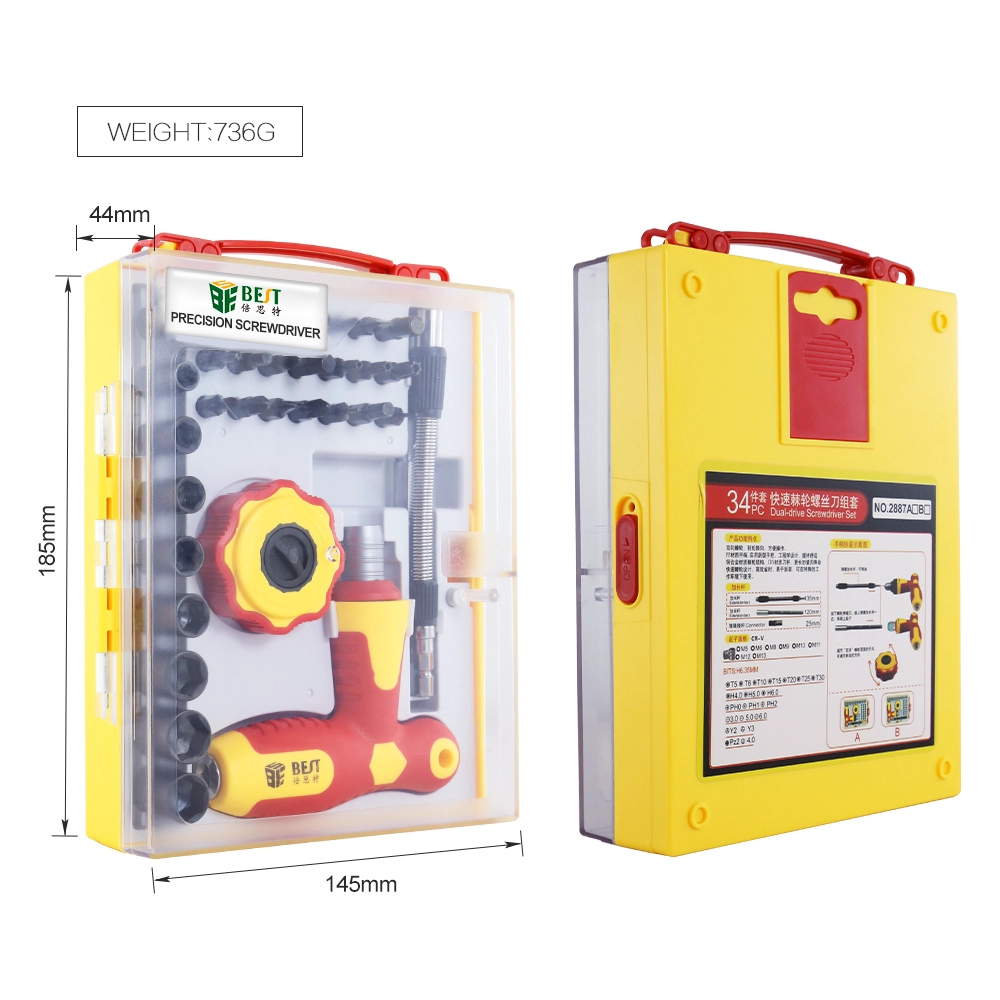Dual-Laufwerk Ratsche Professional Schraubendreher Sets 34 Stück in 1 CRV Schraubendreher für Handy BST 2887A