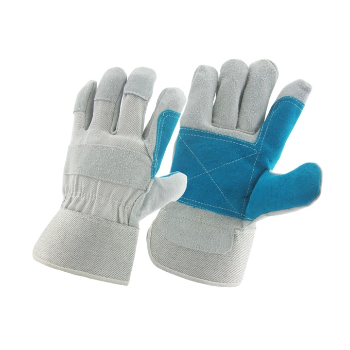 China cow split leather reinforcement palm worker glove factory, genuine leather labor glove supplier, safety glove manufacturer