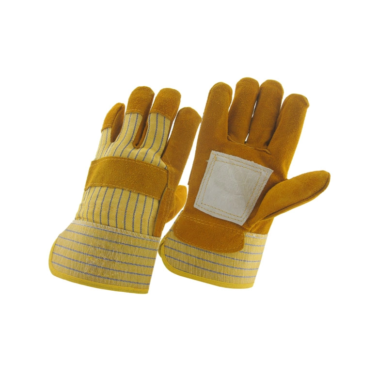 China China golden yellow cow split leather grey reinforcement palm working glove factory, genuine leather labor glove supplier, safety glove manufacturer manufacturer