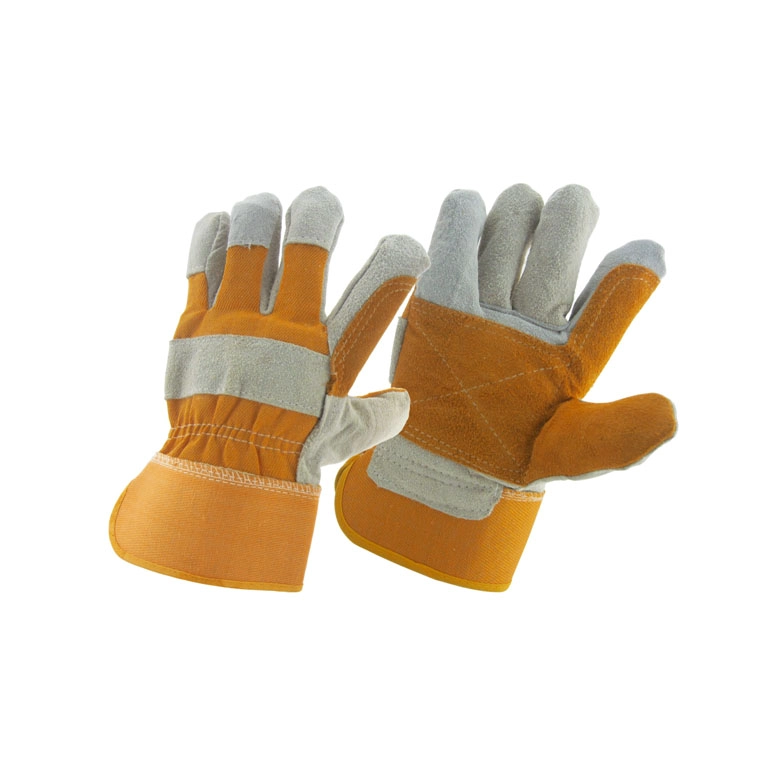 China China grey cow split leather yellow reinforcement palm working glove factory, genuine leather labor glove supplier, safety glove manufacturer manufacturer