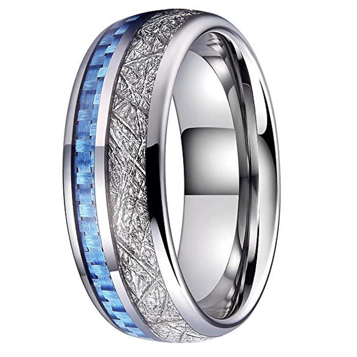 FIT CONFORT FIT Bague en carbure de tungstène en dôme de 8 mm avec météorite et bleu de carbone Blue Inlay Fournisseur