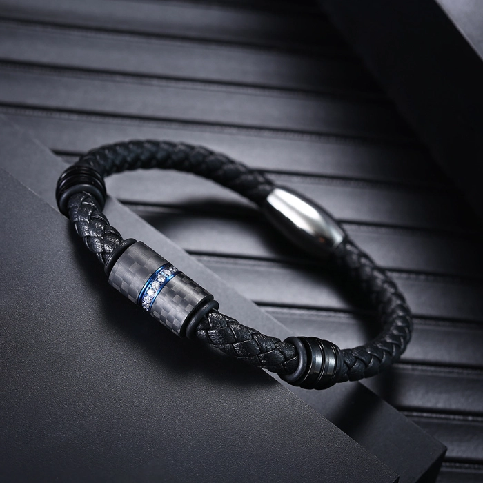 Professional Factory Supply Men's Leather and Carbon Fiber bracelet