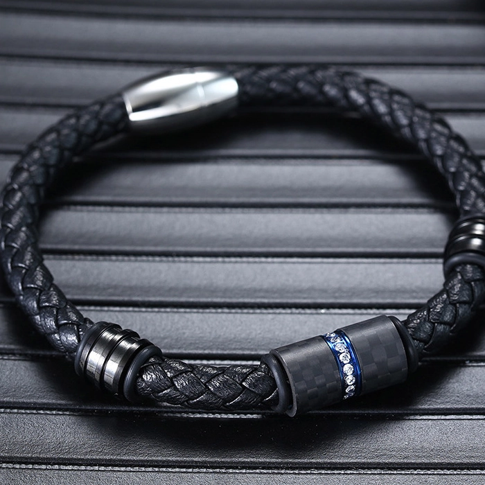 Professional Factory Supply Men's Leather and Carbon Fiber bracelet