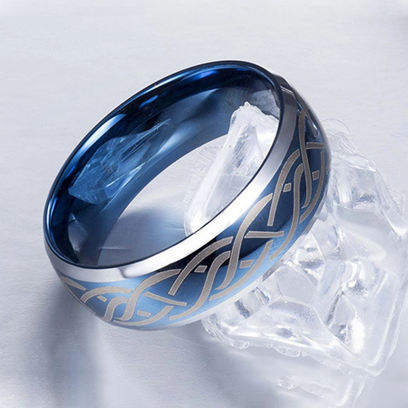 8mm gewölbte und abgeschrägte Kanten blauer Wolframring mit keltischem Knoten China-Lieferant gelasert