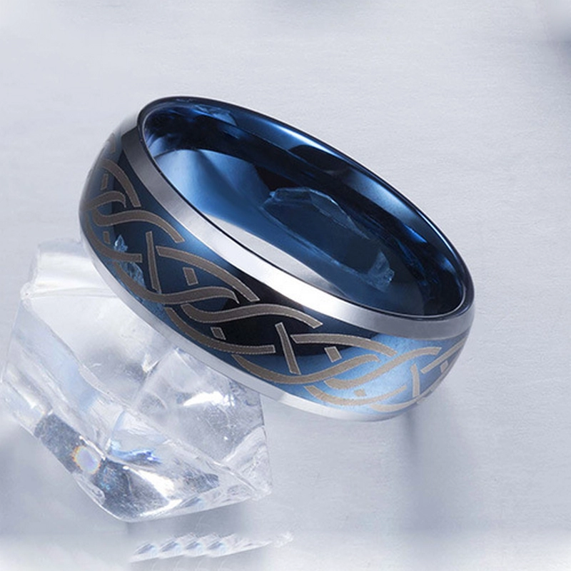 8mm gewölbte und abgeschrägte Kanten blauer Wolframring mit keltischem Knoten China-Lieferant gelasert