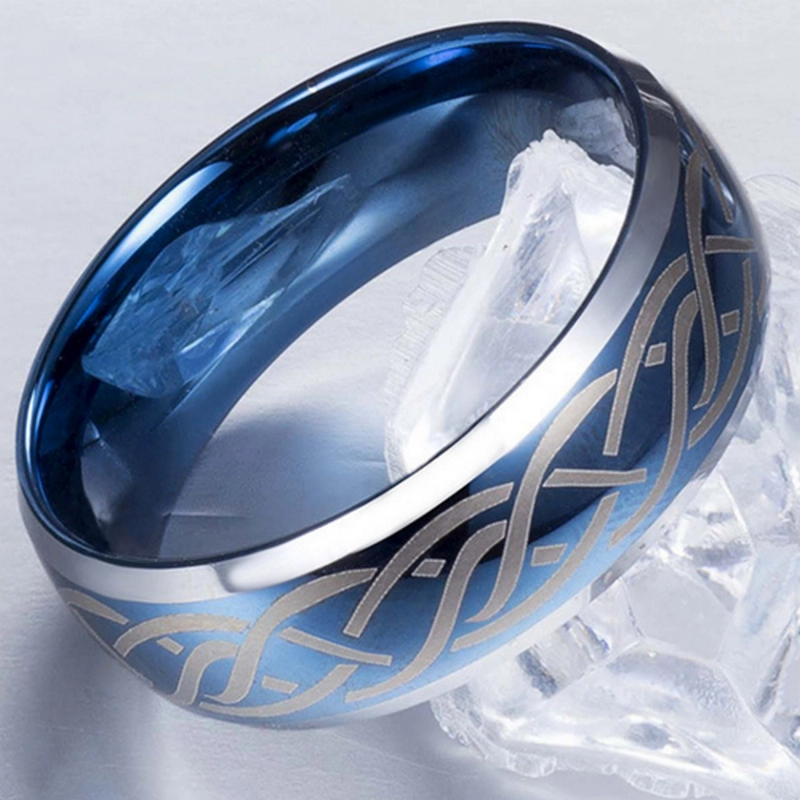 8mm gewölbte und abgeschrägte Kanten blauer Wolframring mit keltischem Knoten China-Lieferant gelasert