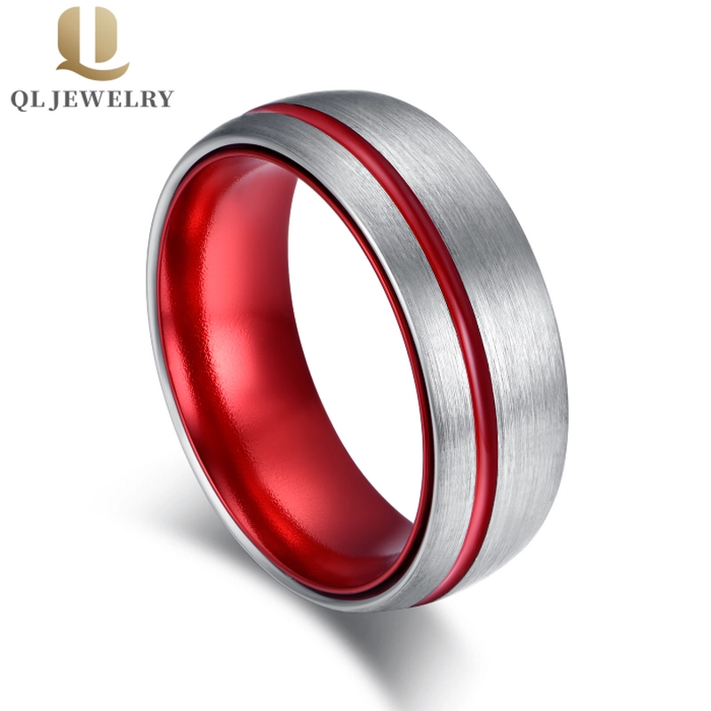 Increíbles bandas de boda de tungsteno de 8mm / banda de plata cepillada y banda interior anodizada de aluminio rojo proveedor de China