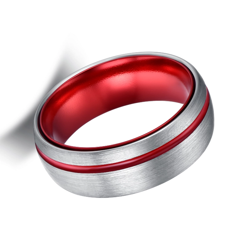 Increíbles bandas de boda de tungsteno de 8mm / banda de plata cepillada y banda interior anodizada de aluminio rojo proveedor de China