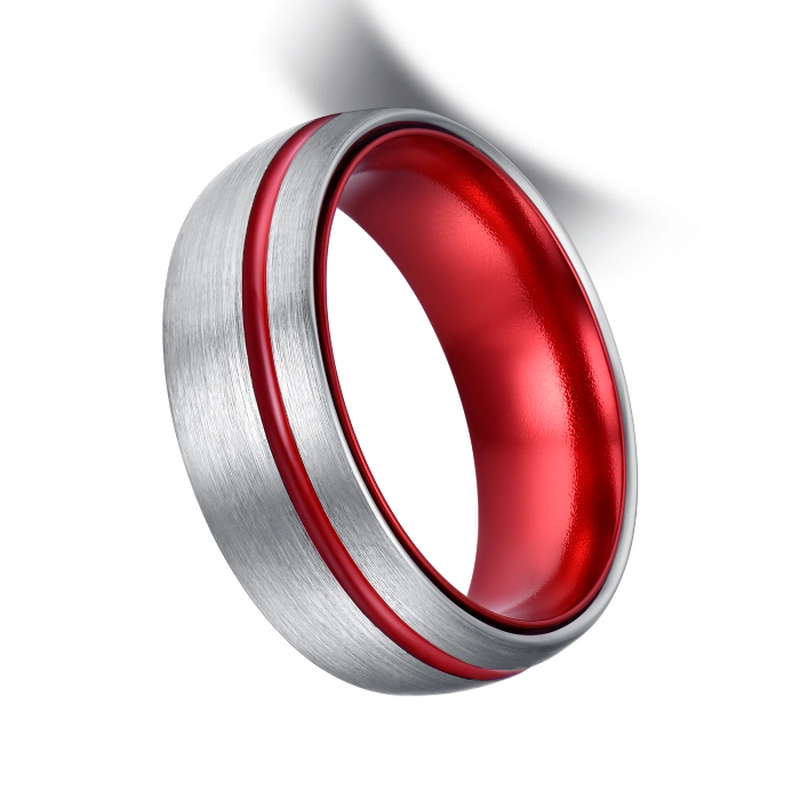 Increíbles bandas de boda de tungsteno de 8mm / banda de plata cepillada y banda interior anodizada de aluminio rojo proveedor de China