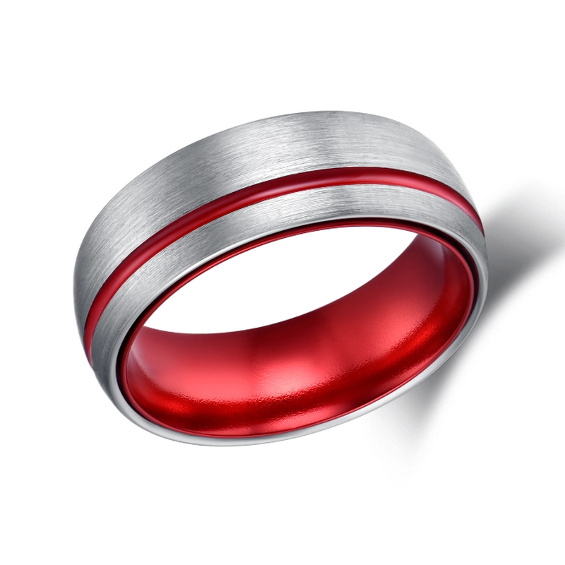 Increíbles bandas de boda de tungsteno de 8mm / banda de plata cepillada y banda interior anodizada de aluminio rojo proveedor de China