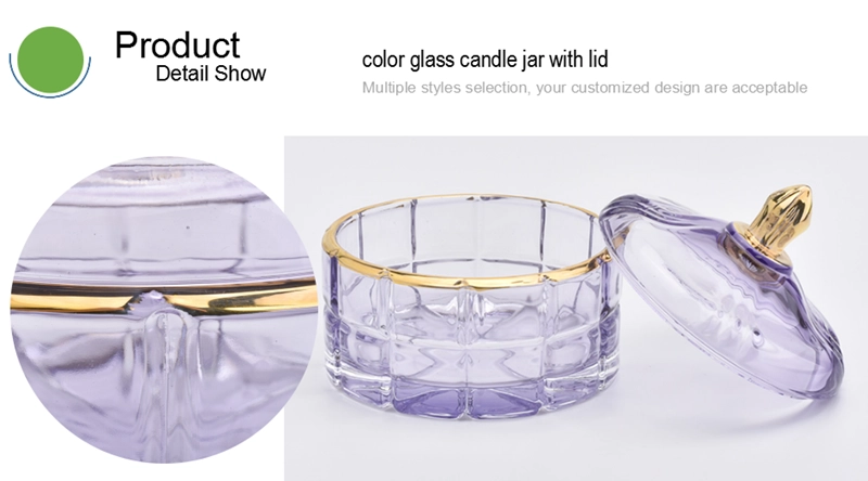 Luxury 250ml purple with shiny gold deco on glass candle containers with lid