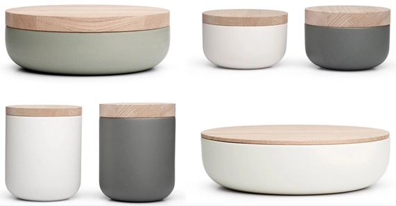 Ceramic candle holders with wood lids Ceramic candle holders with wood lids