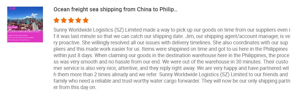 Sunny Worldwide Logistics Jim\'s story of serving Filipino customers---------Served customers have a 99.9% reuse, multiple suppliers free to collect goods and free storage