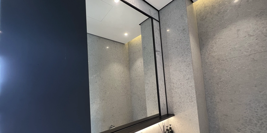 black framed mirror bathroom