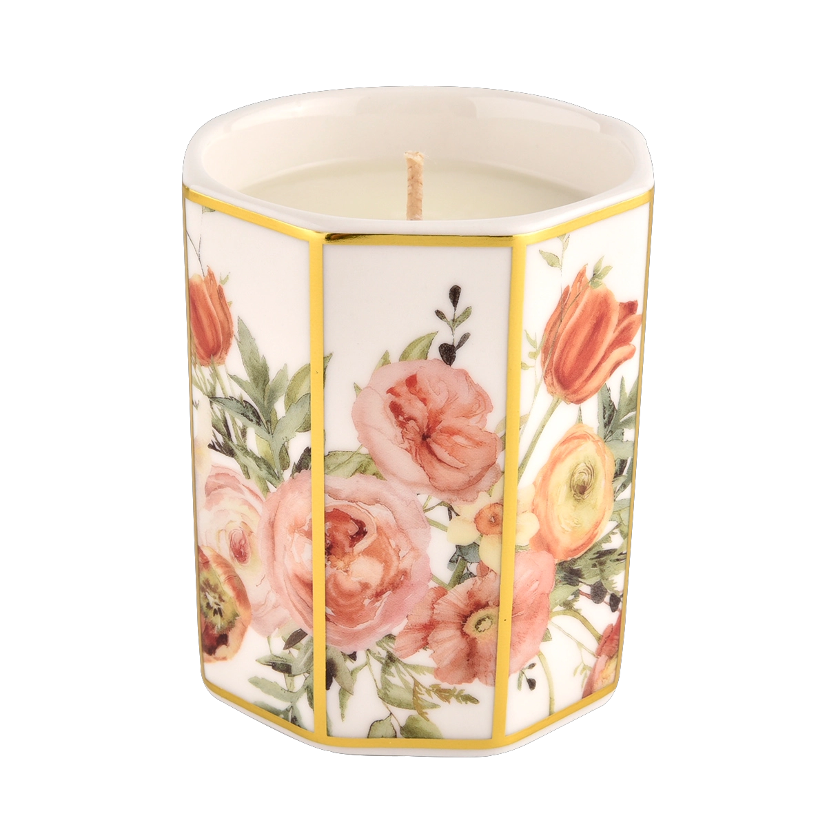 Wholesale custom octagonal decal of red roses ceramic candle jar