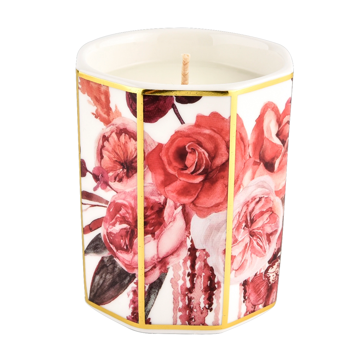 Wholesale custom octagonal decal of red roses ceramic candle jar