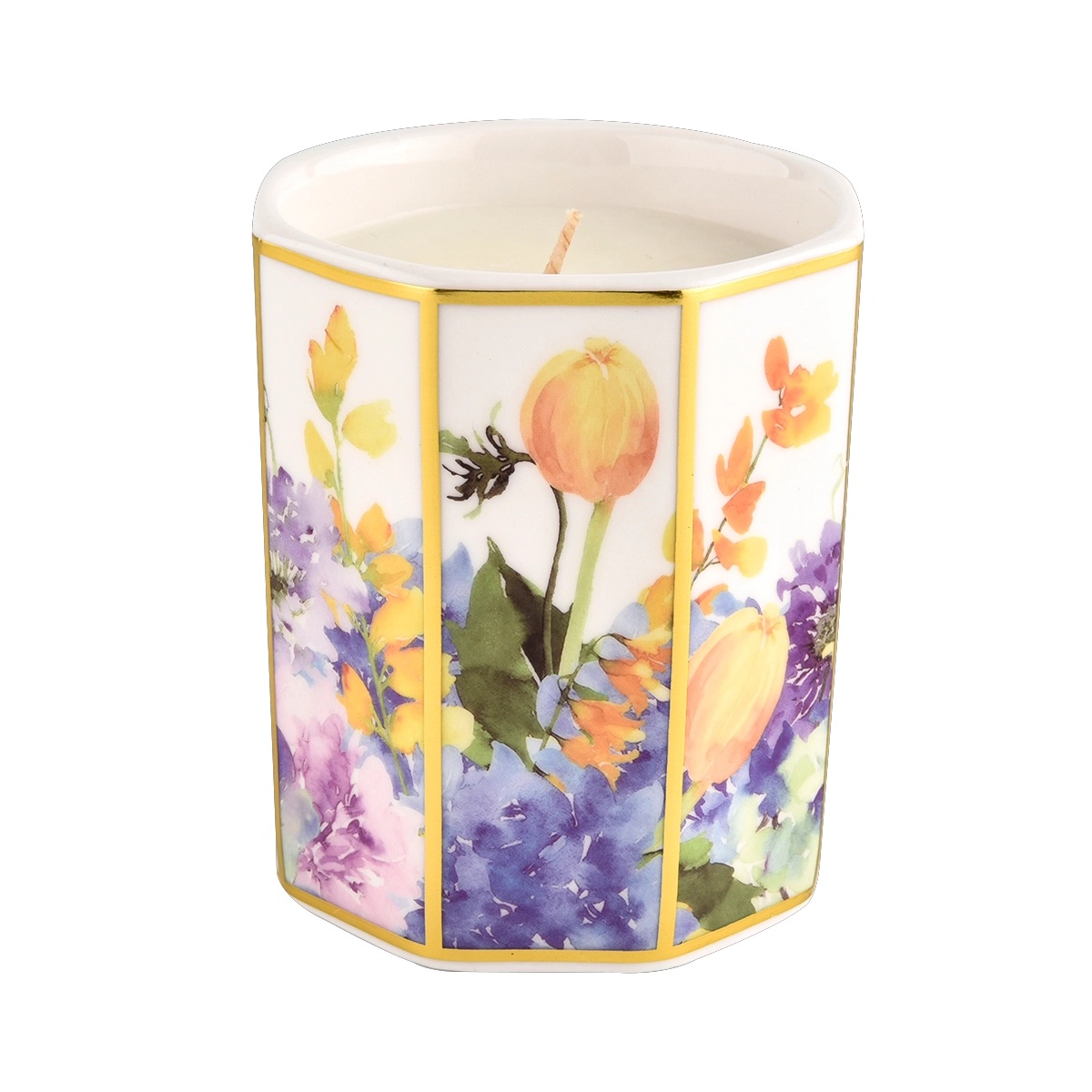 Wholesale custom octagonal decal of red roses ceramic candle jar