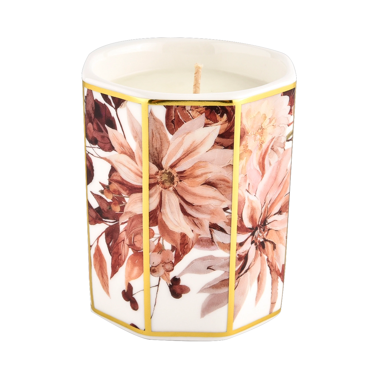 Wholesale custom octagonal decal of red roses ceramic candle jar