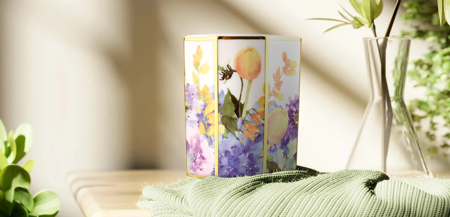 Custom original design octagonal decal of tulips ceramic candle jar