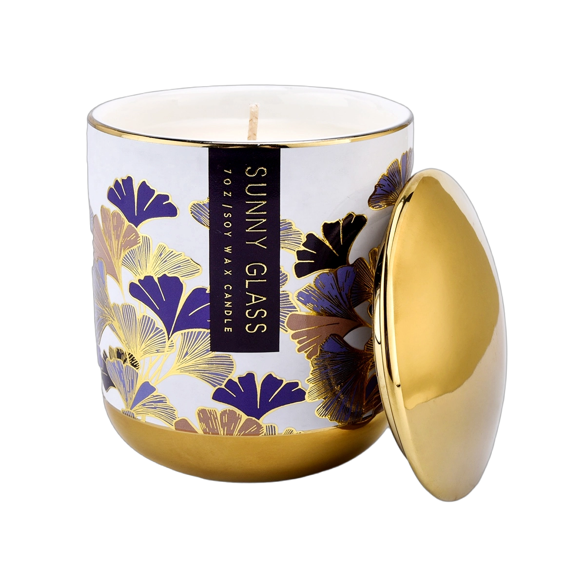 Wholesale blue ginkgo flower hot gold sticker ceramic candle holder with lid