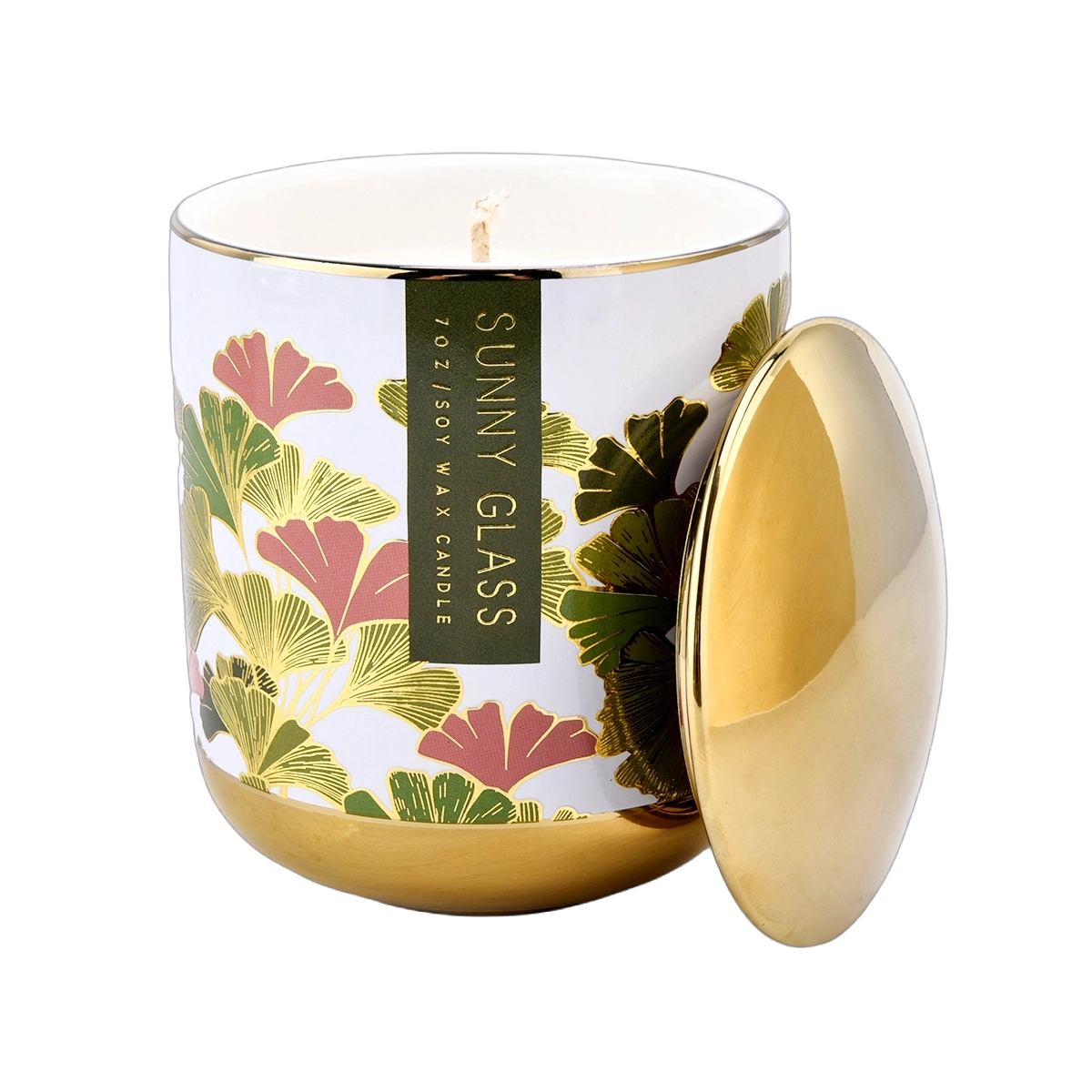Wholesale blue ginkgo flower hot gold sticker ceramic candle holder with lid