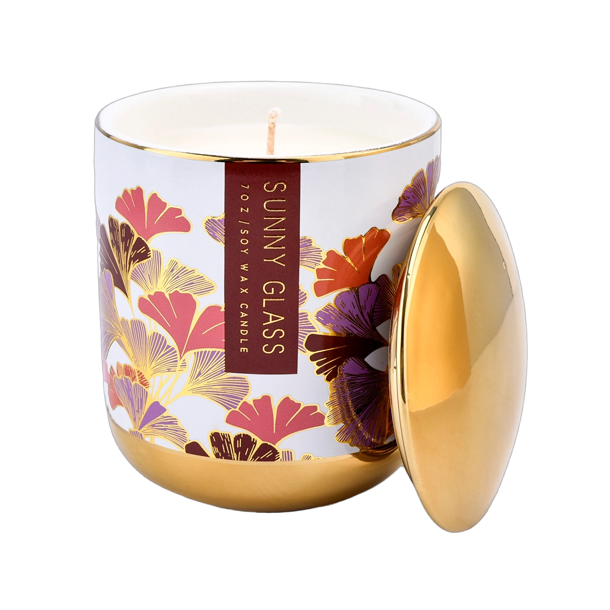 Wholesale blue ginkgo flower hot gold sticker ceramic candle holder with lid