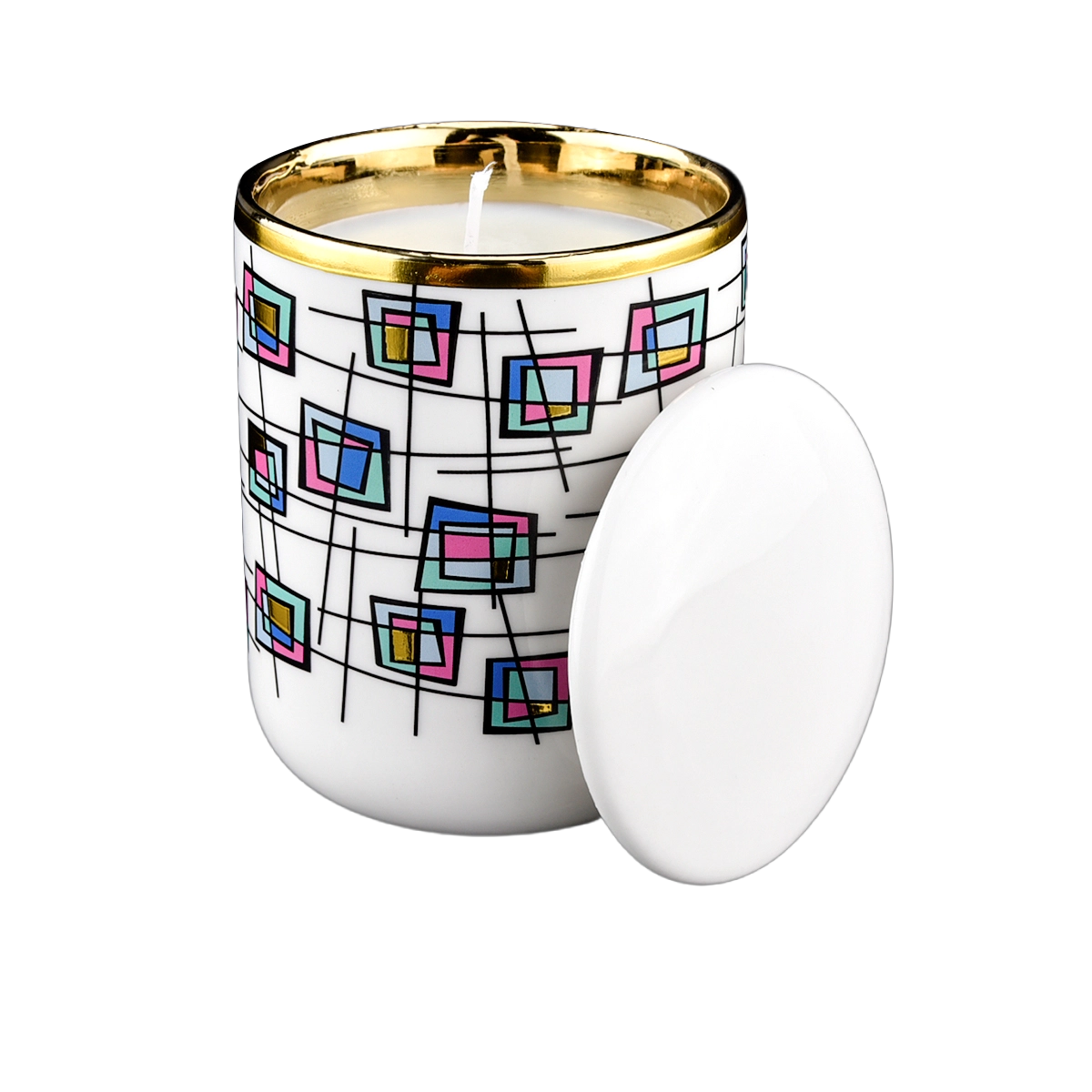 Modern custom blue pink rose red block gold rim ceramic candle jars with lid for candle making