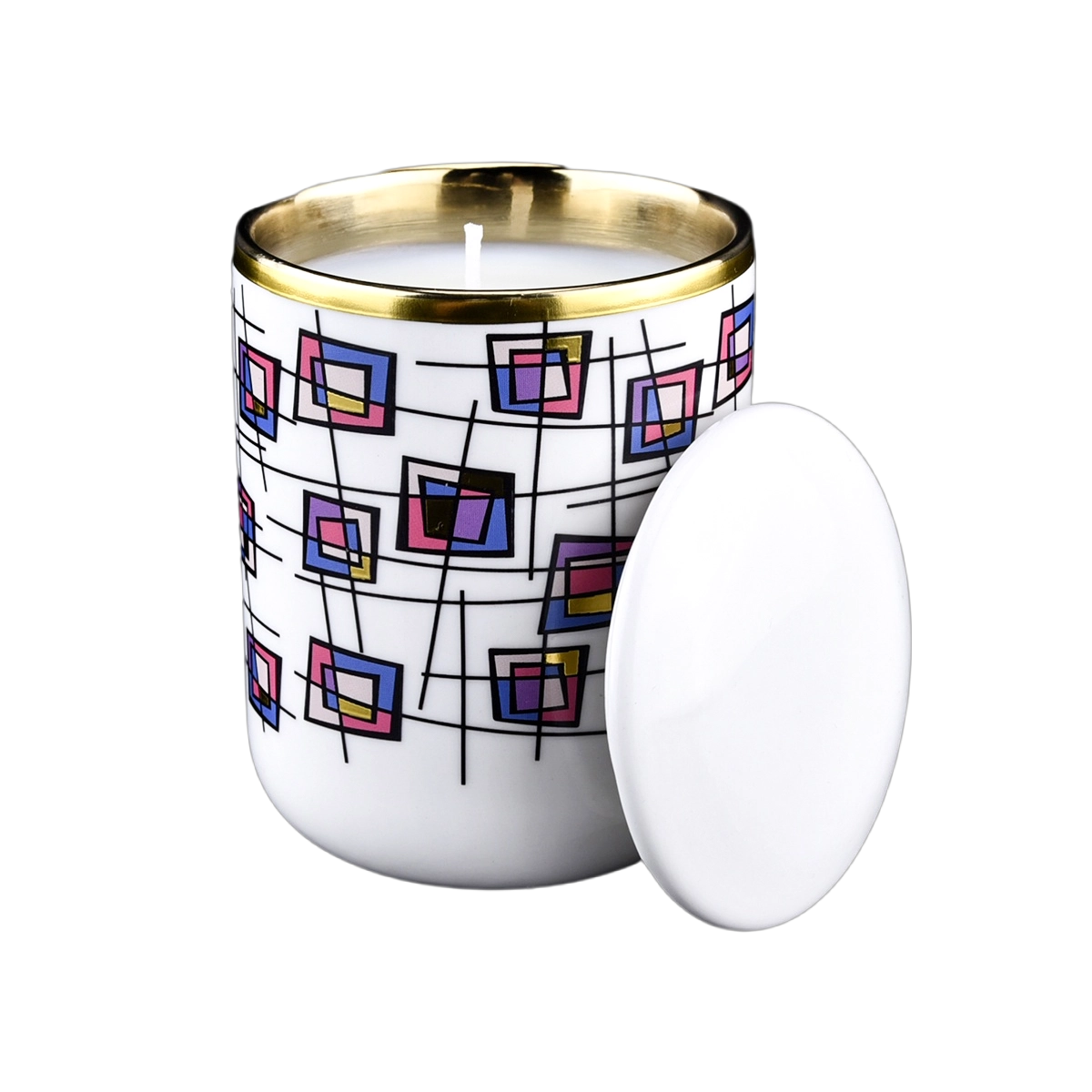 Modern custom blue pink rose red block gold rim ceramic candle jars with lid for candle making