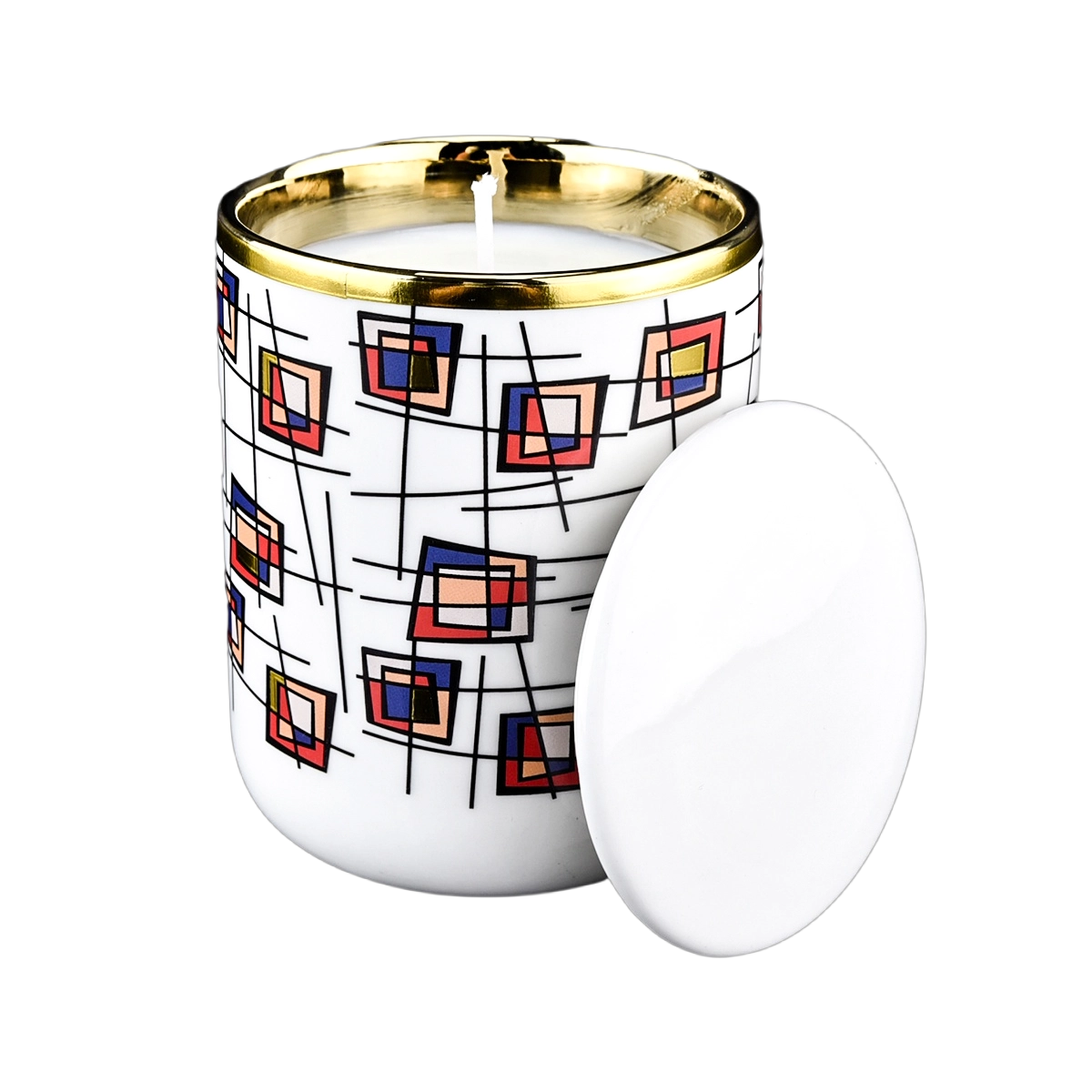 Modern custom blue pink rose red block gold rim ceramic candle jars with lid for candle making