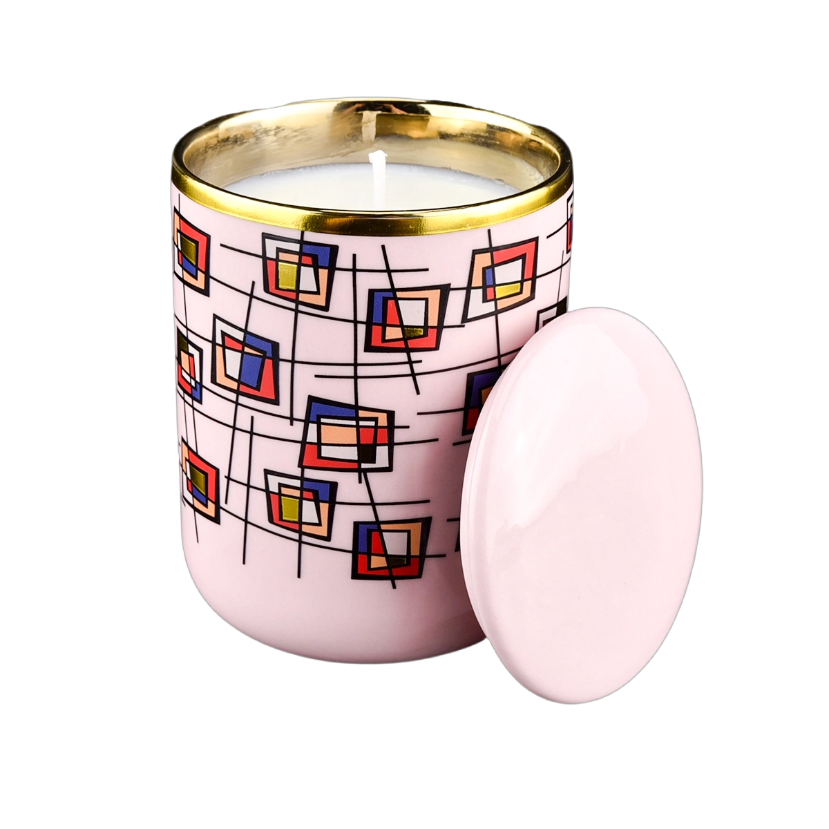 374ml wholesale cool purple multicolored block pattern ceramic candle holder with lid