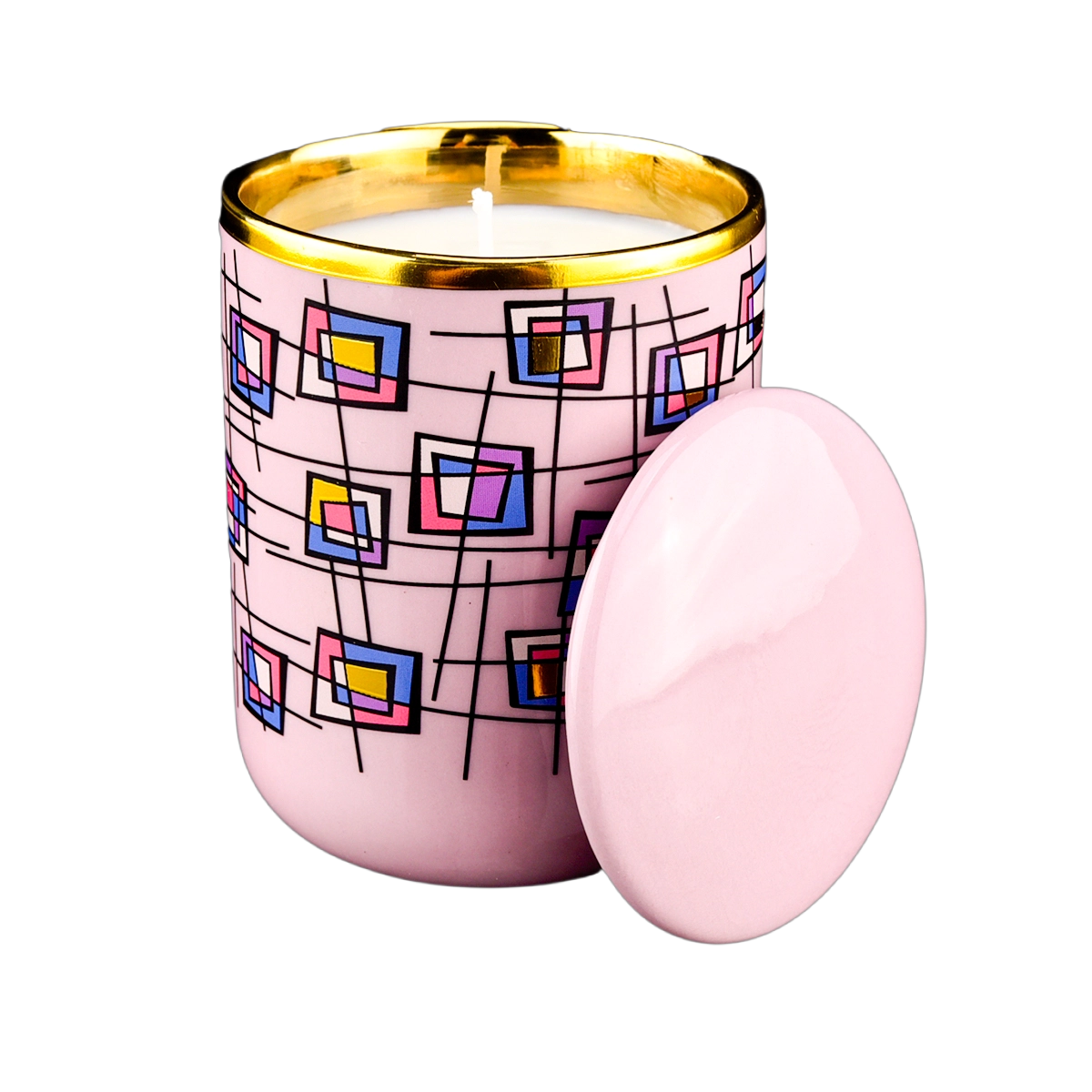 374ml wholesale cool purple multicolored block pattern ceramic candle holder with lid