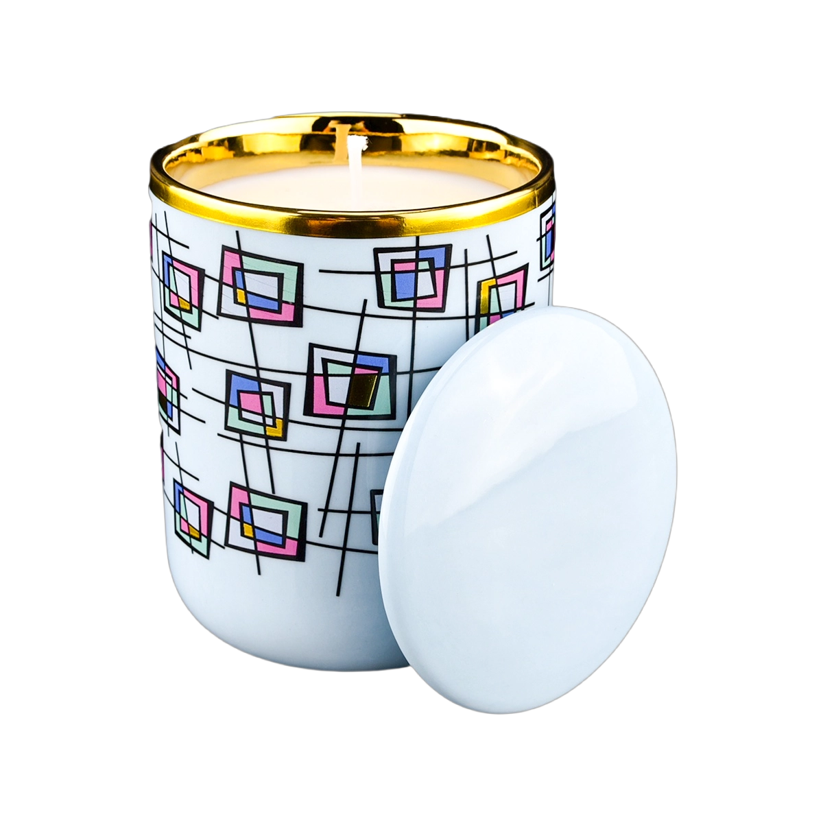 374ml wholesale cool purple multicolored block pattern ceramic candle holder with lid